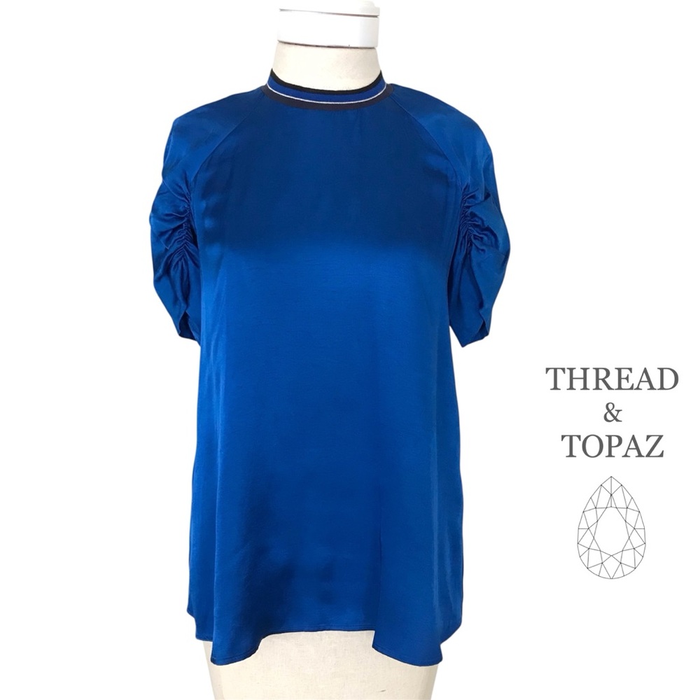 Zara Blue Cotton Sateen Top Ruched Sleeves XS